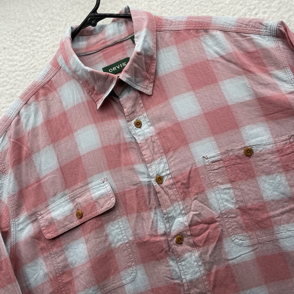 Orvis Crushed Herringbone Shirt Mens XL Red Blue Check Active Fit 2 Pocket Chore